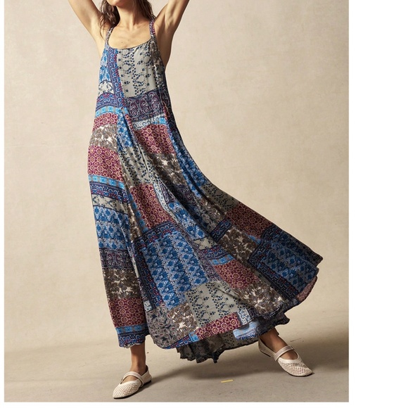 Boho Multicolor Color block Patchwork Racerback Maxi Dress - Picture 6 of 6
